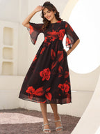 Janasya Dark Georgette Floral A-Line Dress - Distacart
