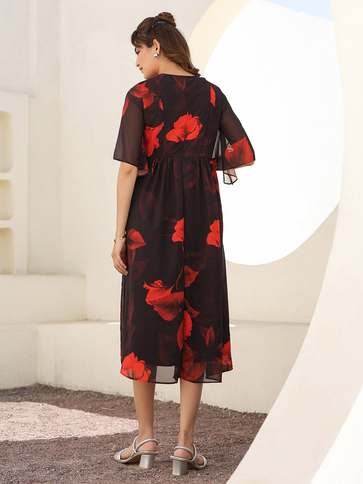 Janasya Dark Georgette Floral A-Line Dress - Distacart