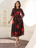 Janasya Dark Georgette Floral A-Line Dress - Distacart