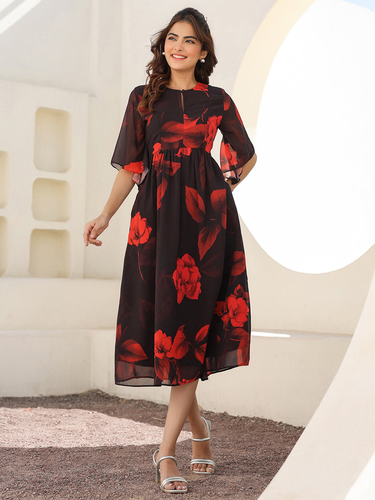 Janasya Dark Georgette Floral A-Line Dress - Distacart