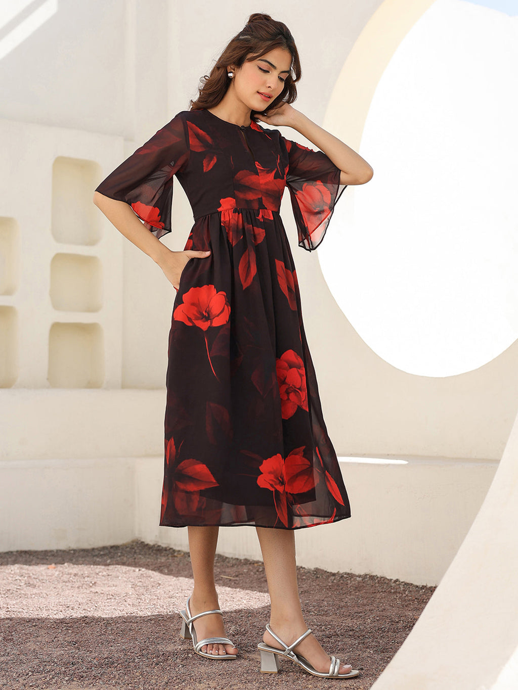 Janasya Dark Georgette Floral A-Line Dress - Distacart
