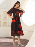 Janasya Dark Georgette Floral A-Line Dress - Distacart