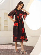 Janasya Dark Georgette Floral A-Line Dress - Distacart