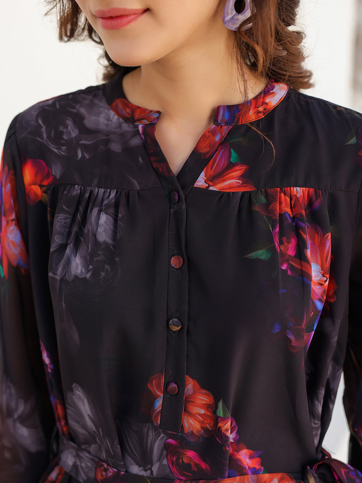 Janasya Dark Georgette Floral Tiered Dress - Distacart