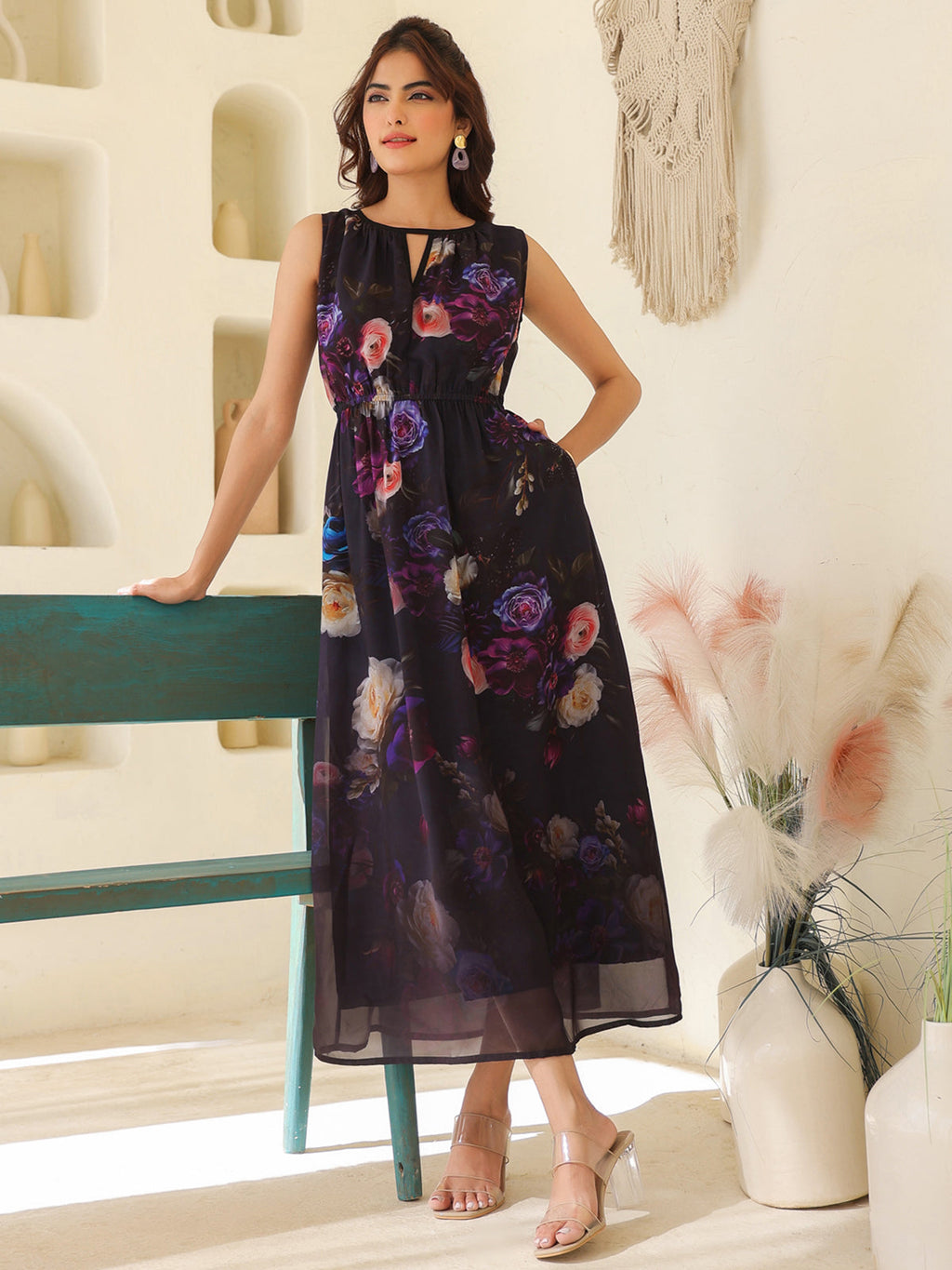 Janasya Dark Georgette Floral Gathered Dress - Distacart