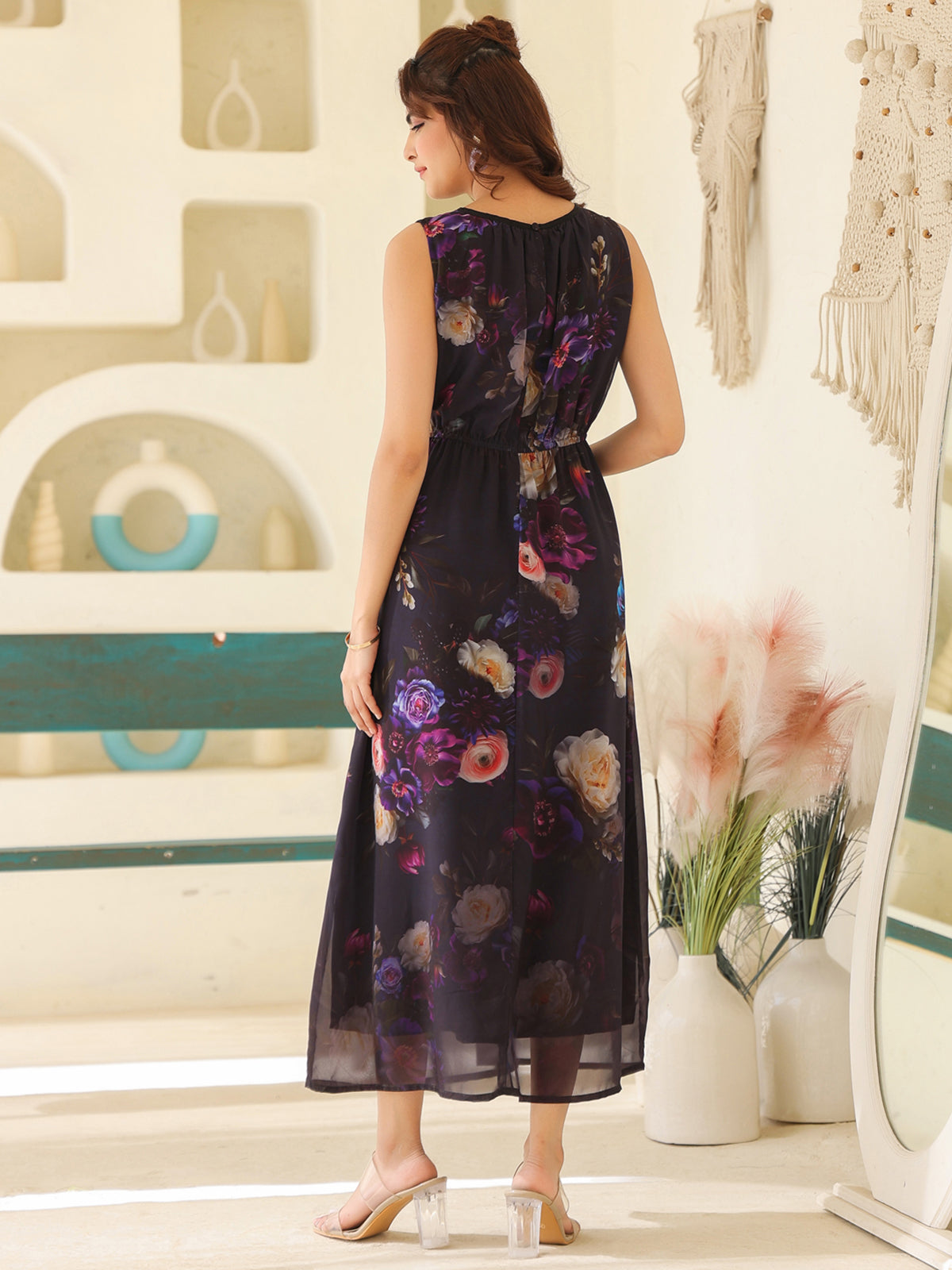 Janasya Dark Georgette Floral Gathered Dress - Distacart