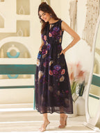 Janasya Dark Georgette Floral Gathered Dress - Distacart