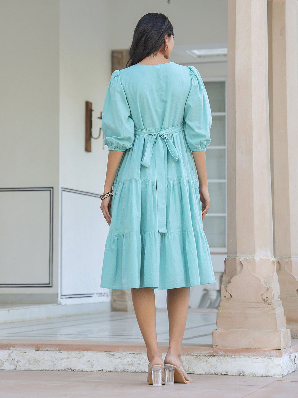 Janasya Light Cotton Solid Tiered Dress - Distacart