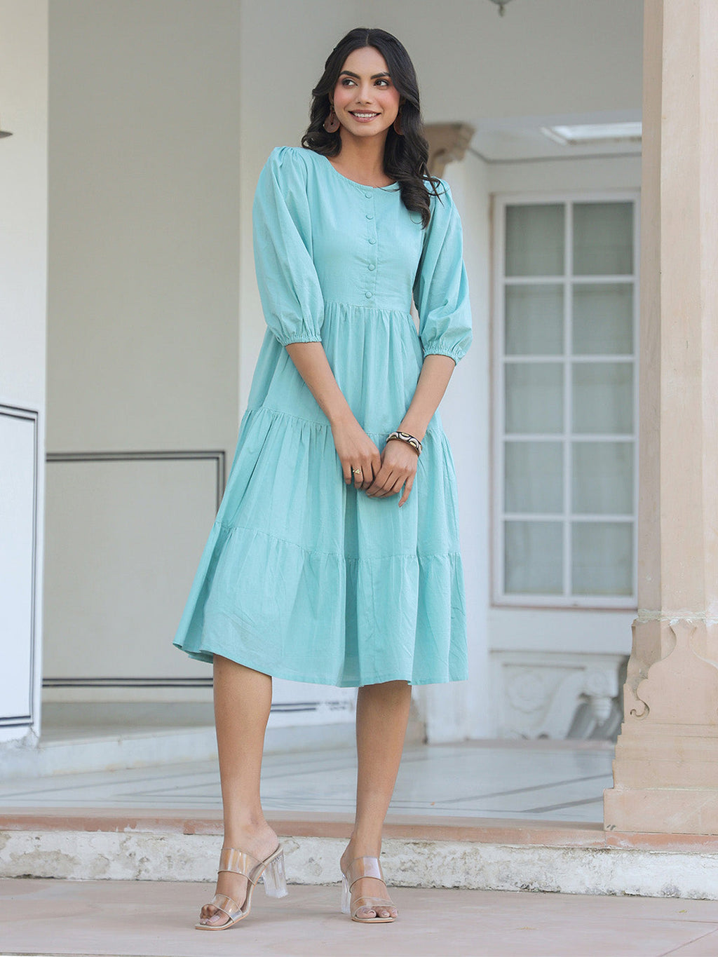 Janasya Light Cotton Solid Tiered Dress - Distacart