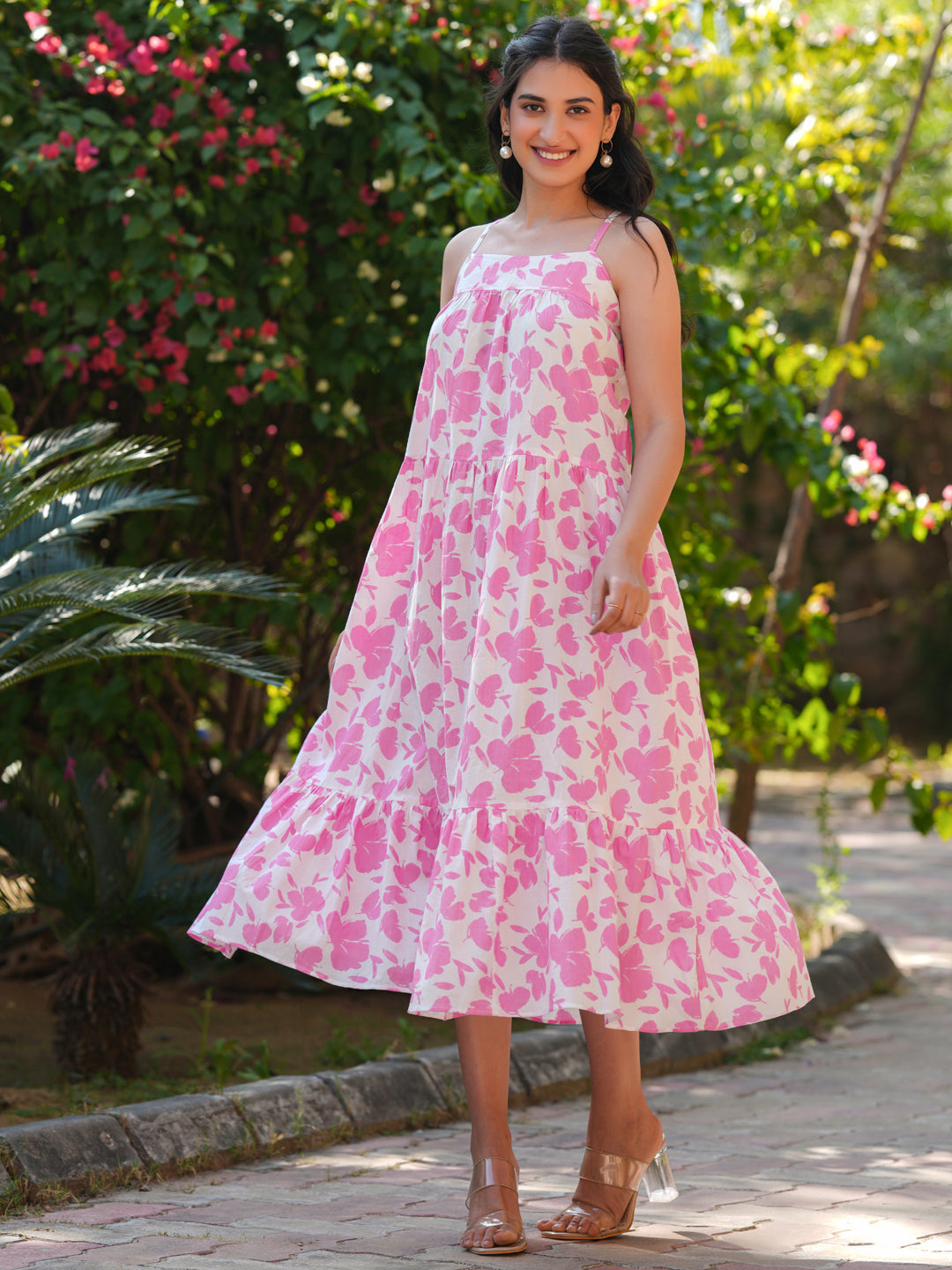 Janasya Light Cotton Abstract Tiered Dress - Distacart