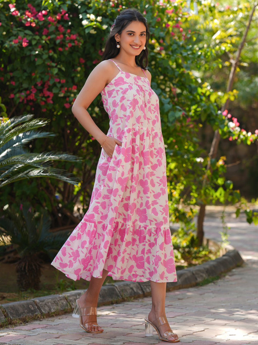 Janasya Light Cotton Abstract Tiered Dress - Distacart