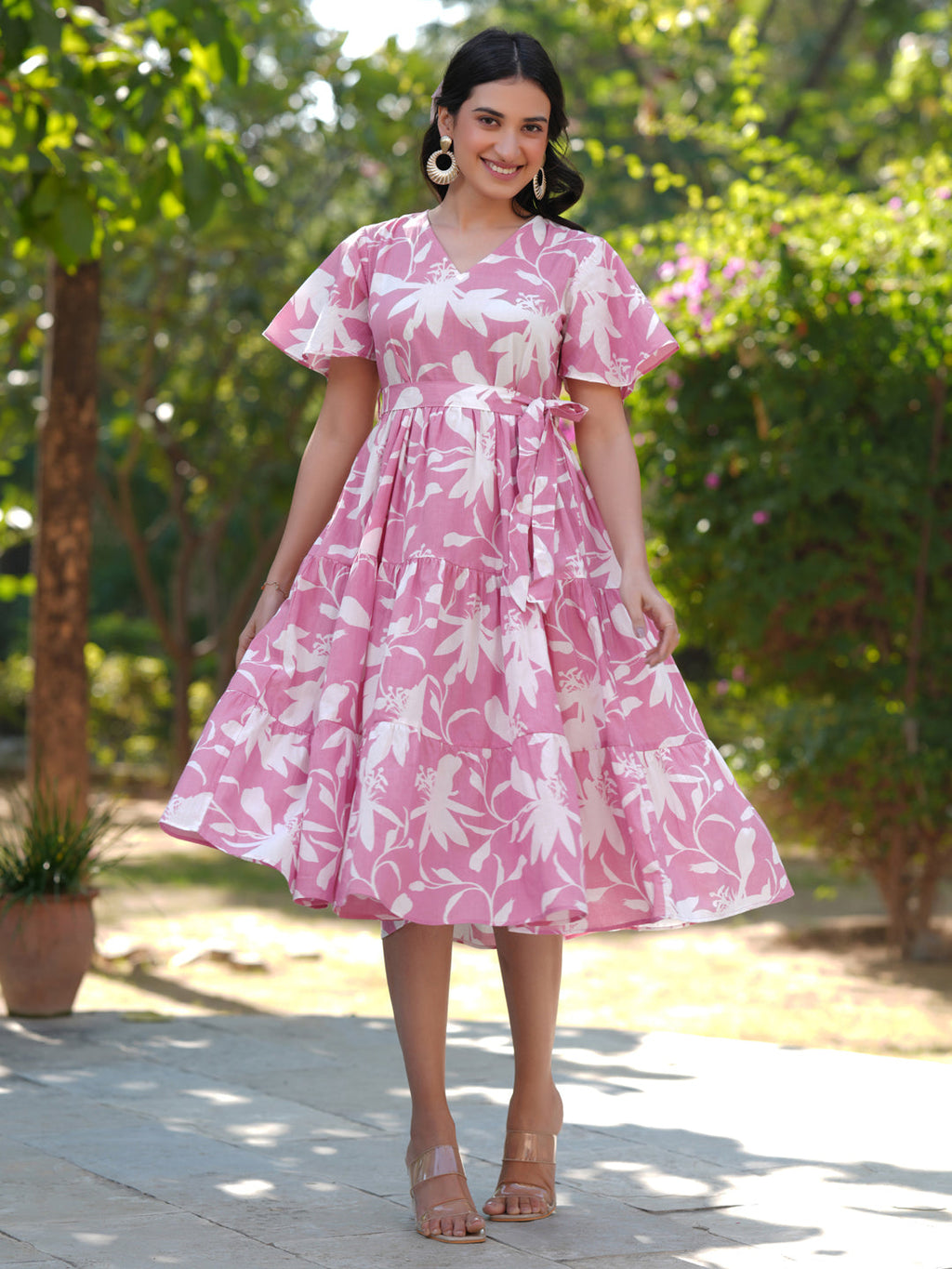 Janasya Light Cotton Floral Tiered Dress - Distacart