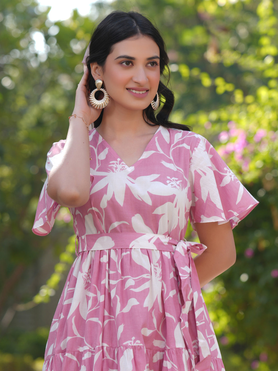 Janasya Light Cotton Floral Tiered Dress - Distacart