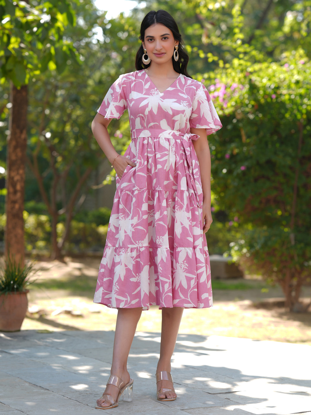 Janasya Light Cotton Floral Tiered Dress - Distacart