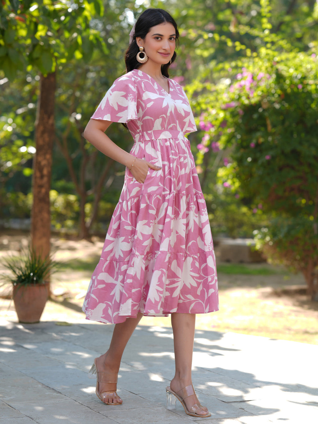 Janasya Light Cotton Floral Tiered Dress - Distacart
