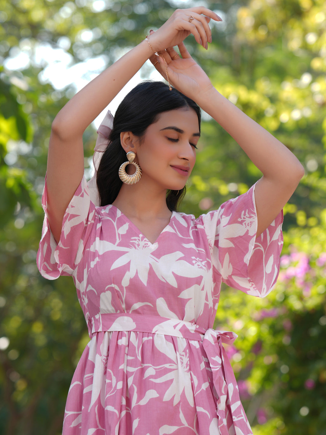 Janasya Light Cotton Floral Tiered Dress - Distacart