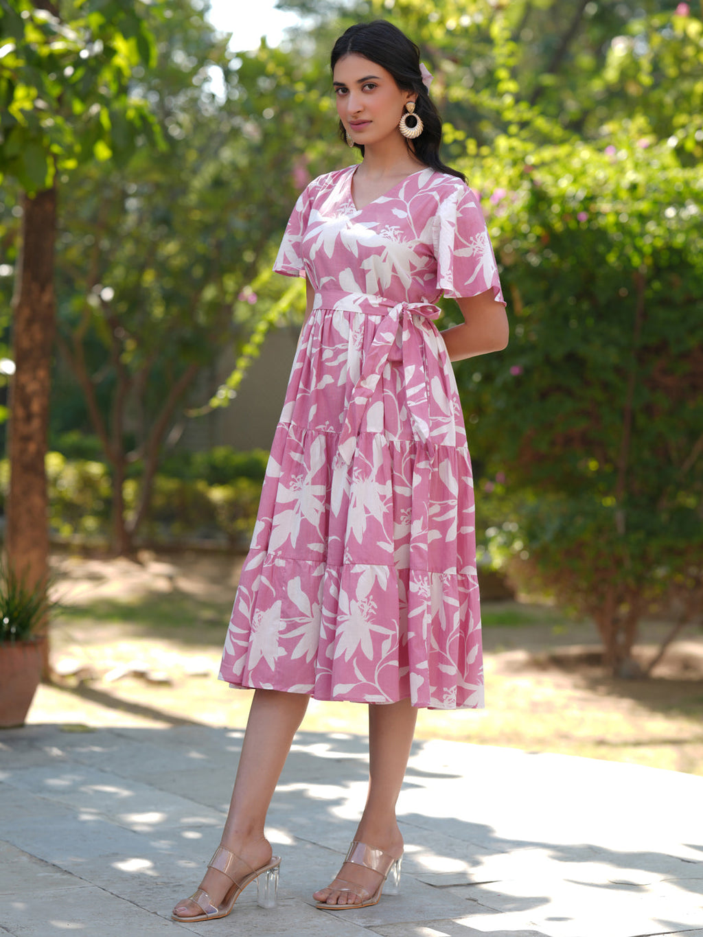 Janasya Light Cotton Floral Tiered Dress - Distacart