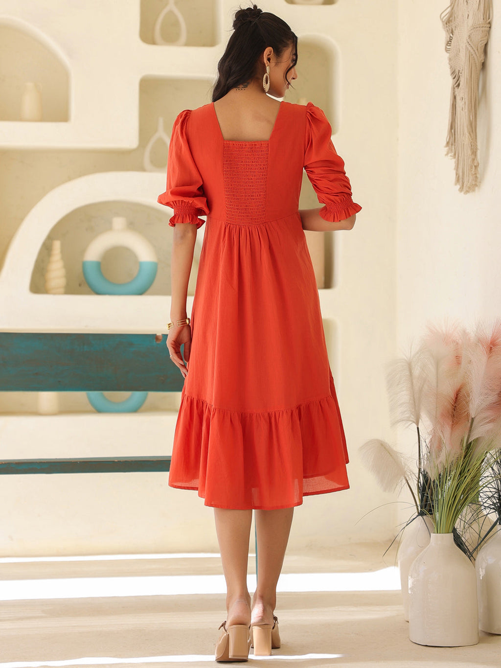 Janasya Light Cotton Solid A-Line Dress