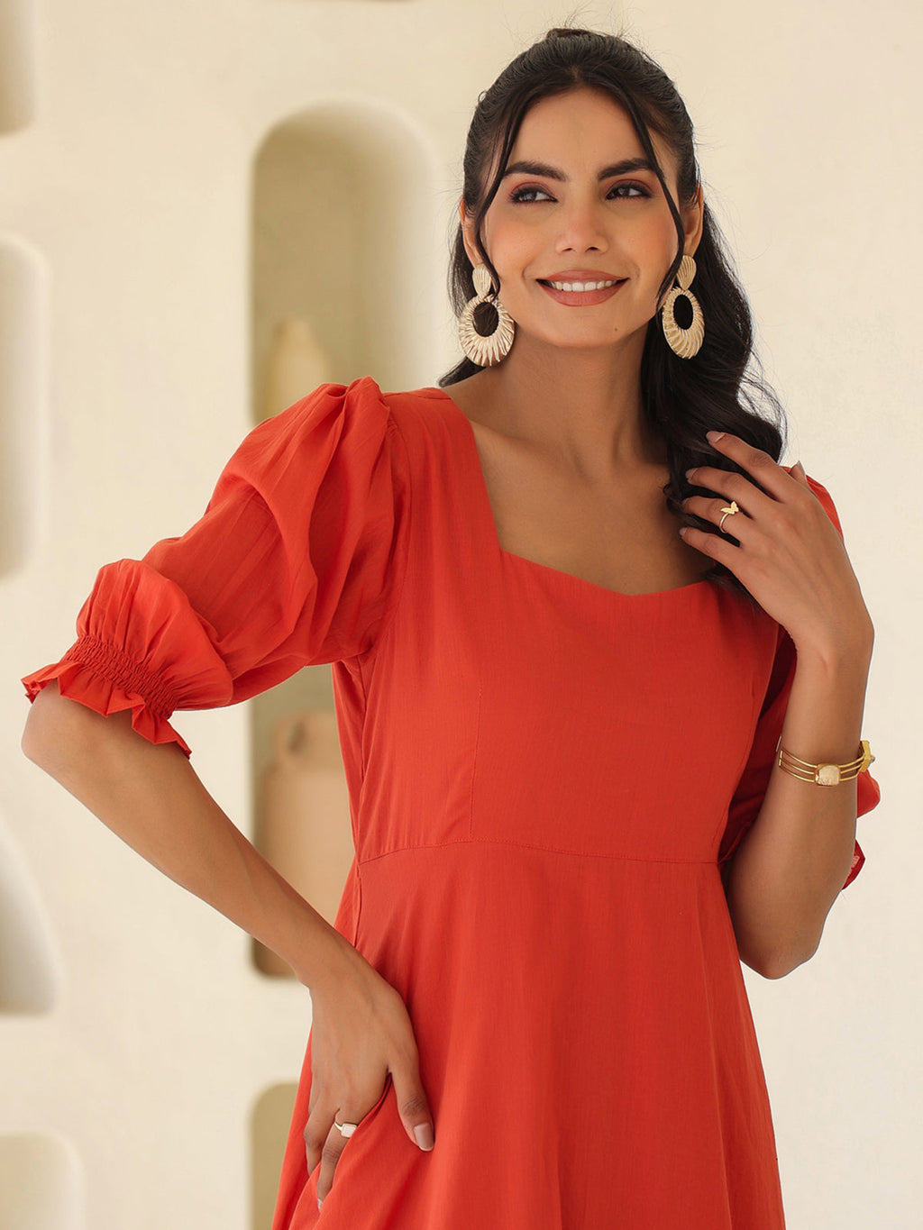 Janasya Light Cotton Solid A-Line Dress