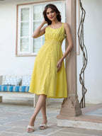 Janasya Bright Cotton Solid A-Line Dress - Distacart