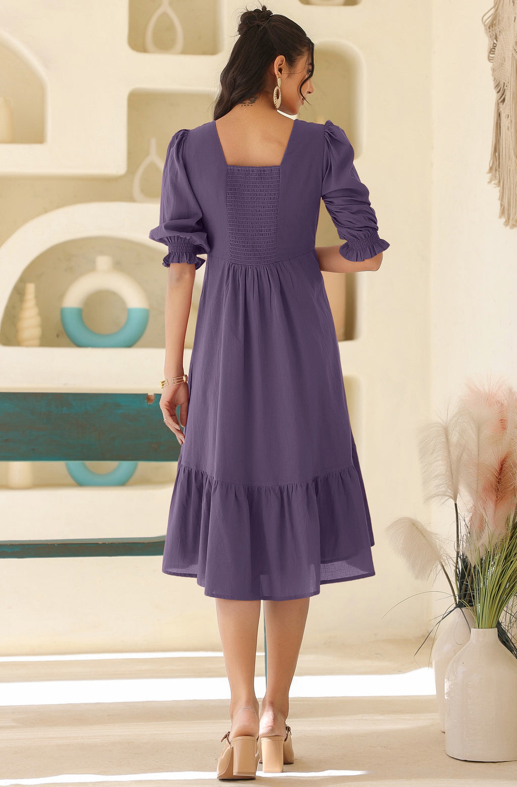 Janasya Light Cotton Solid A-Line Dress - Distacart