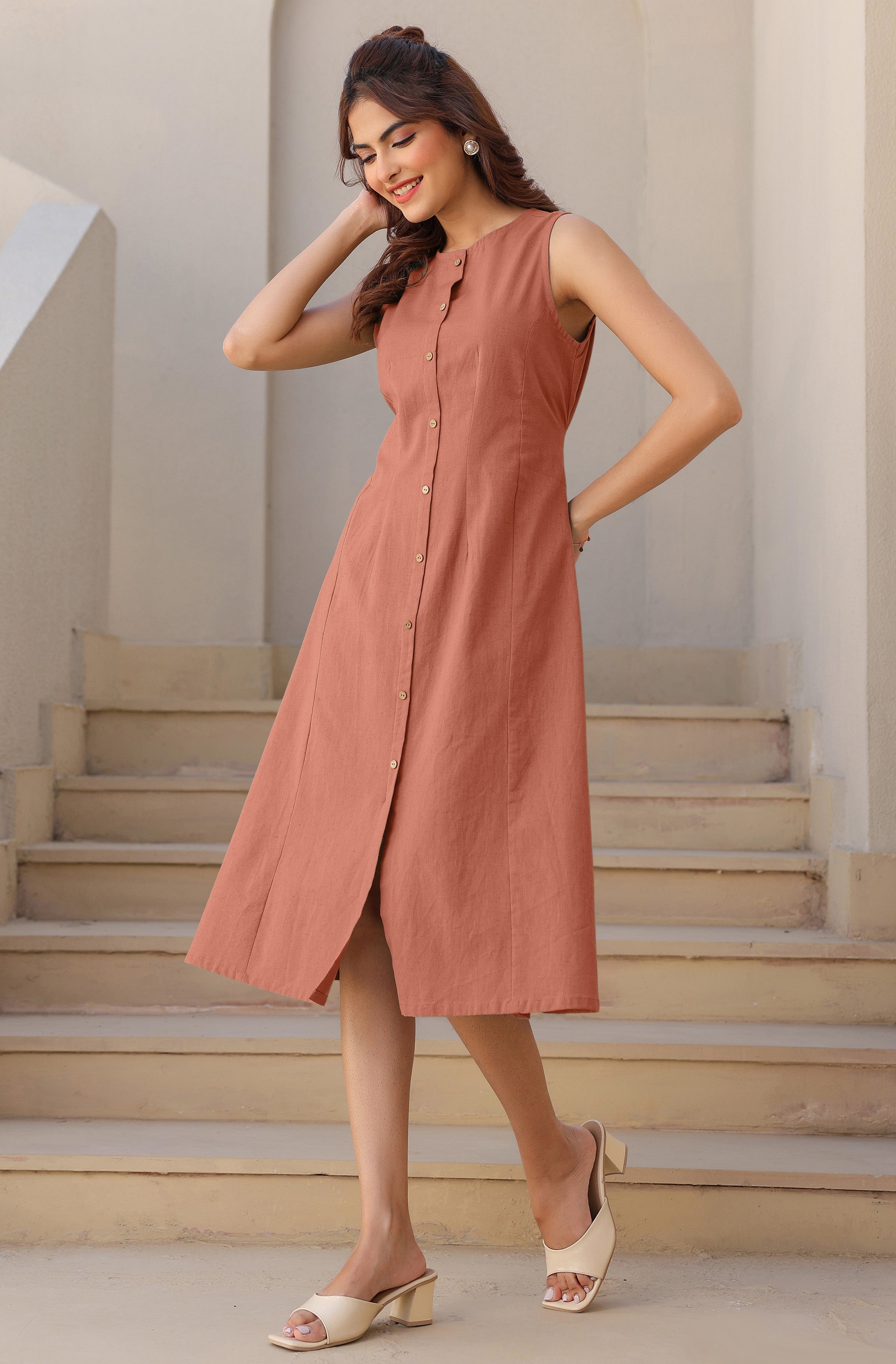 Janasya Dark Cotton Solid A-Line Dress - Distacart