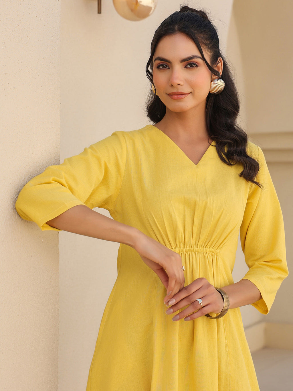 Janasya Bright Cotton Solid A-Line Dress - Distacart