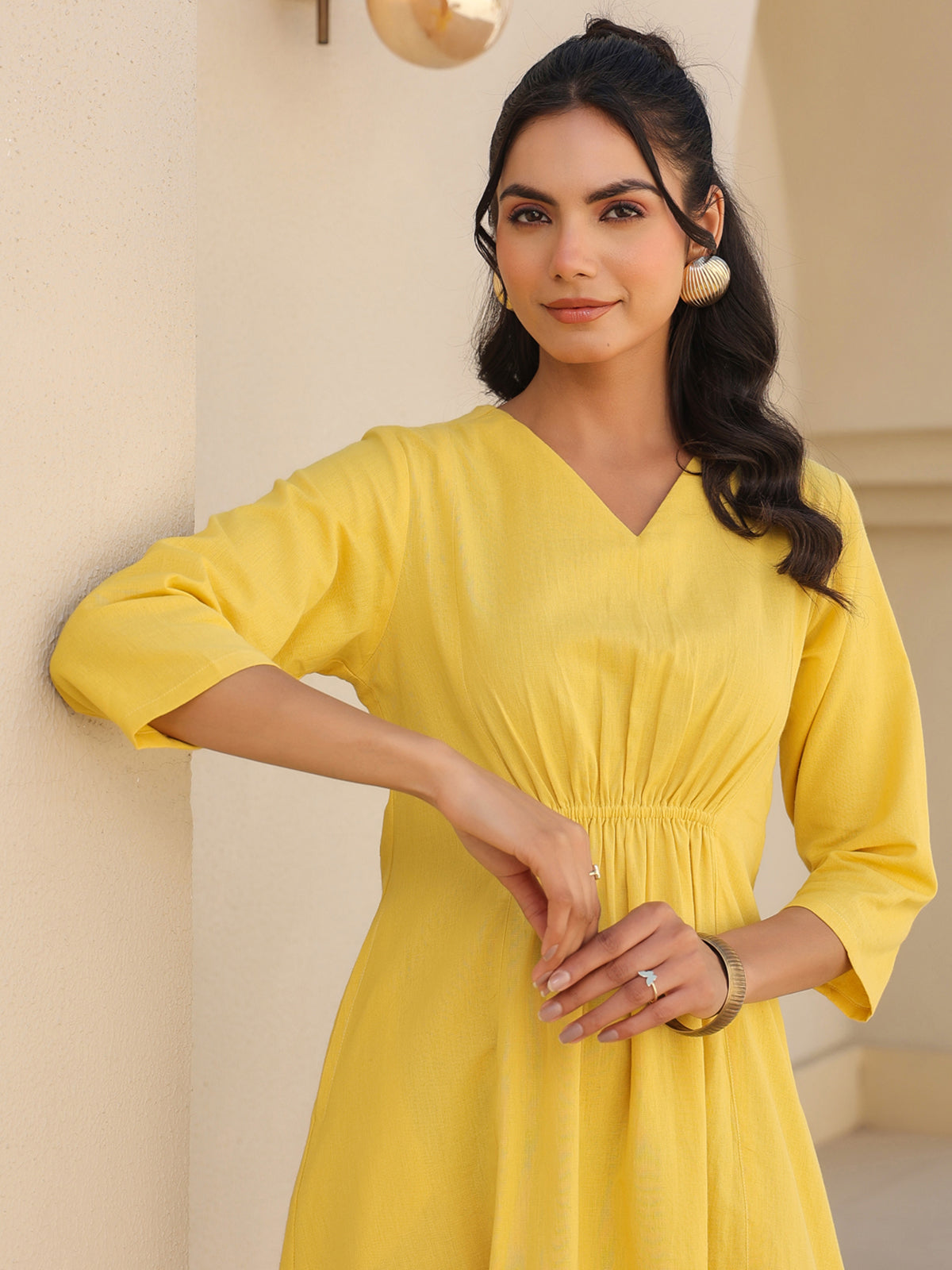 Janasya Bright Cotton Solid A-Line Dress - Distacart