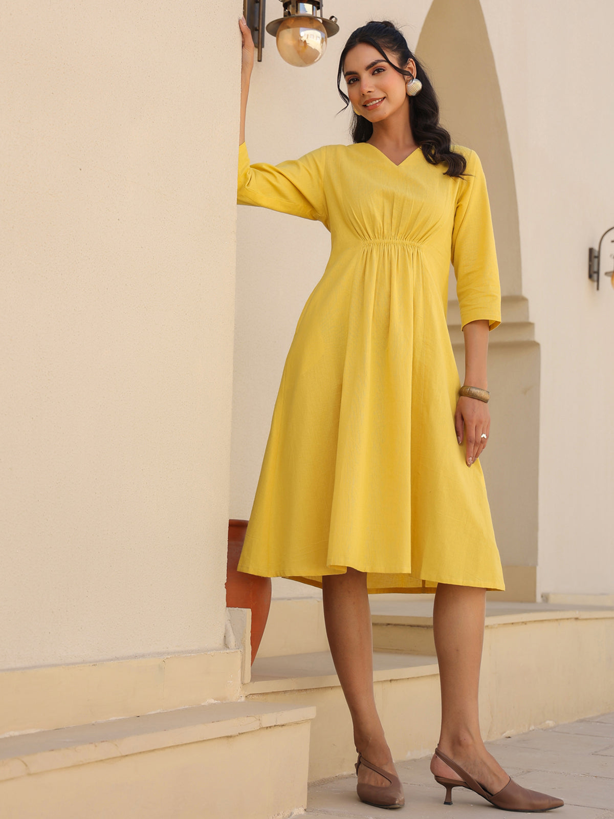 Janasya Bright Cotton Solid A-Line Dress - Distacart