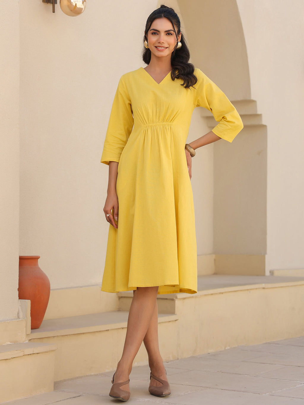 Janasya Bright Cotton Solid A-Line Dress - Distacart