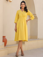 Janasya Bright Cotton Solid A-Line Dress - Distacart