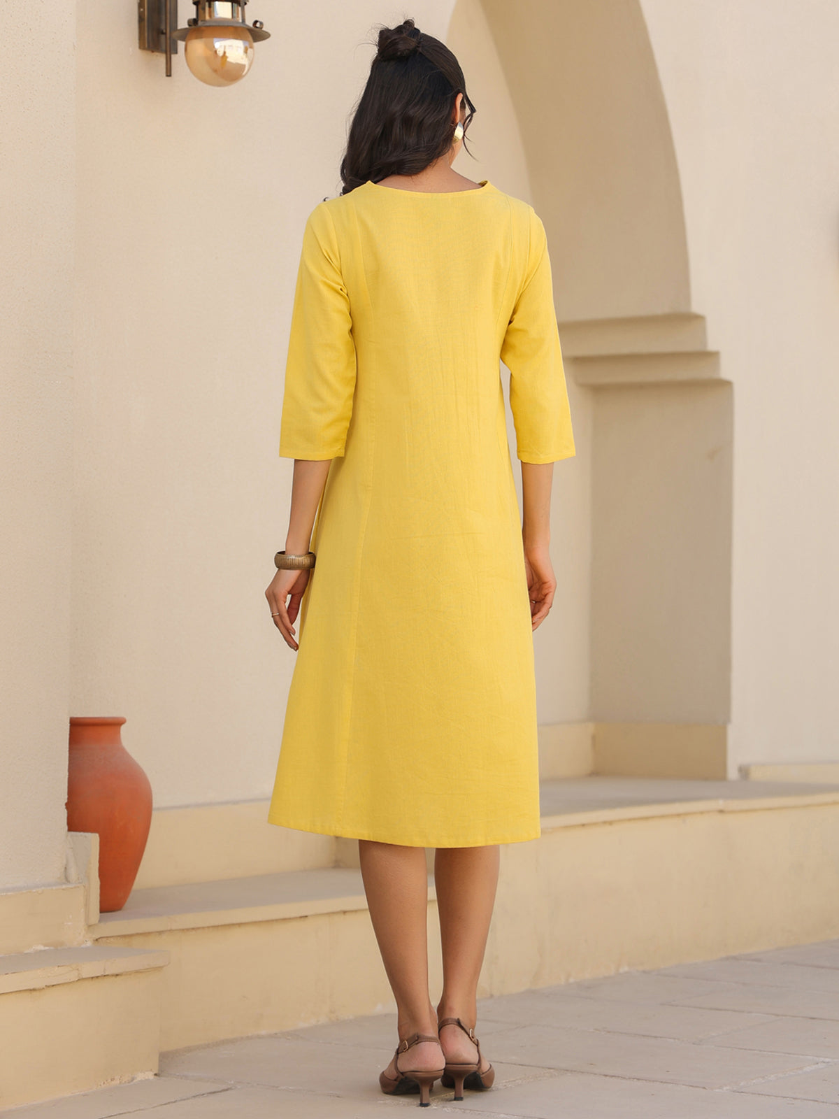 Janasya Bright Cotton Solid A-Line Dress - Distacart