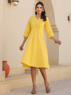 Janasya Bright Cotton Solid A-Line Dress - Distacart