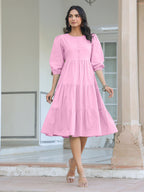 Janasya Bright Cotton Solid Tiered Dress - Distacart