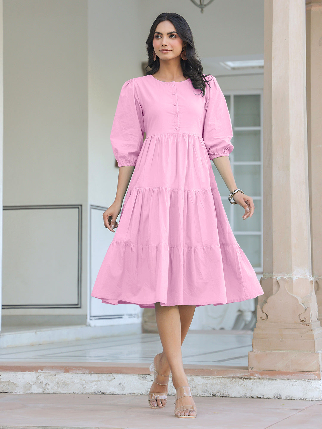 Janasya Bright Cotton Solid Tiered Dress - Distacart