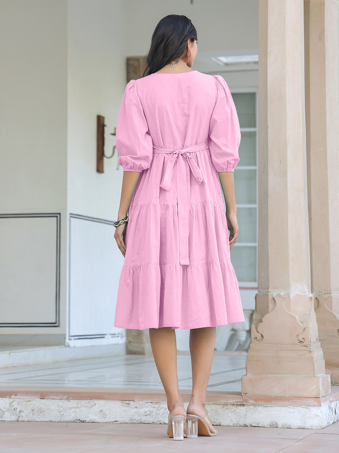 Janasya Bright Cotton Solid Tiered Dress - Distacart