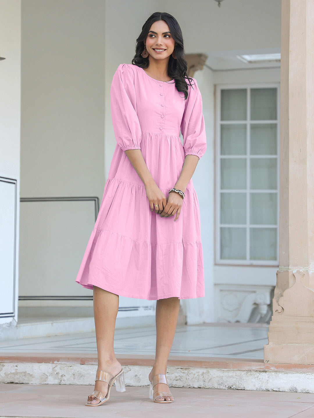 Janasya Bright Cotton Solid Tiered Dress - Distacart