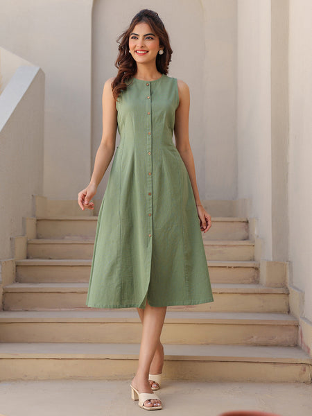 Janasya Dark Cotton Solid A-Line Dress