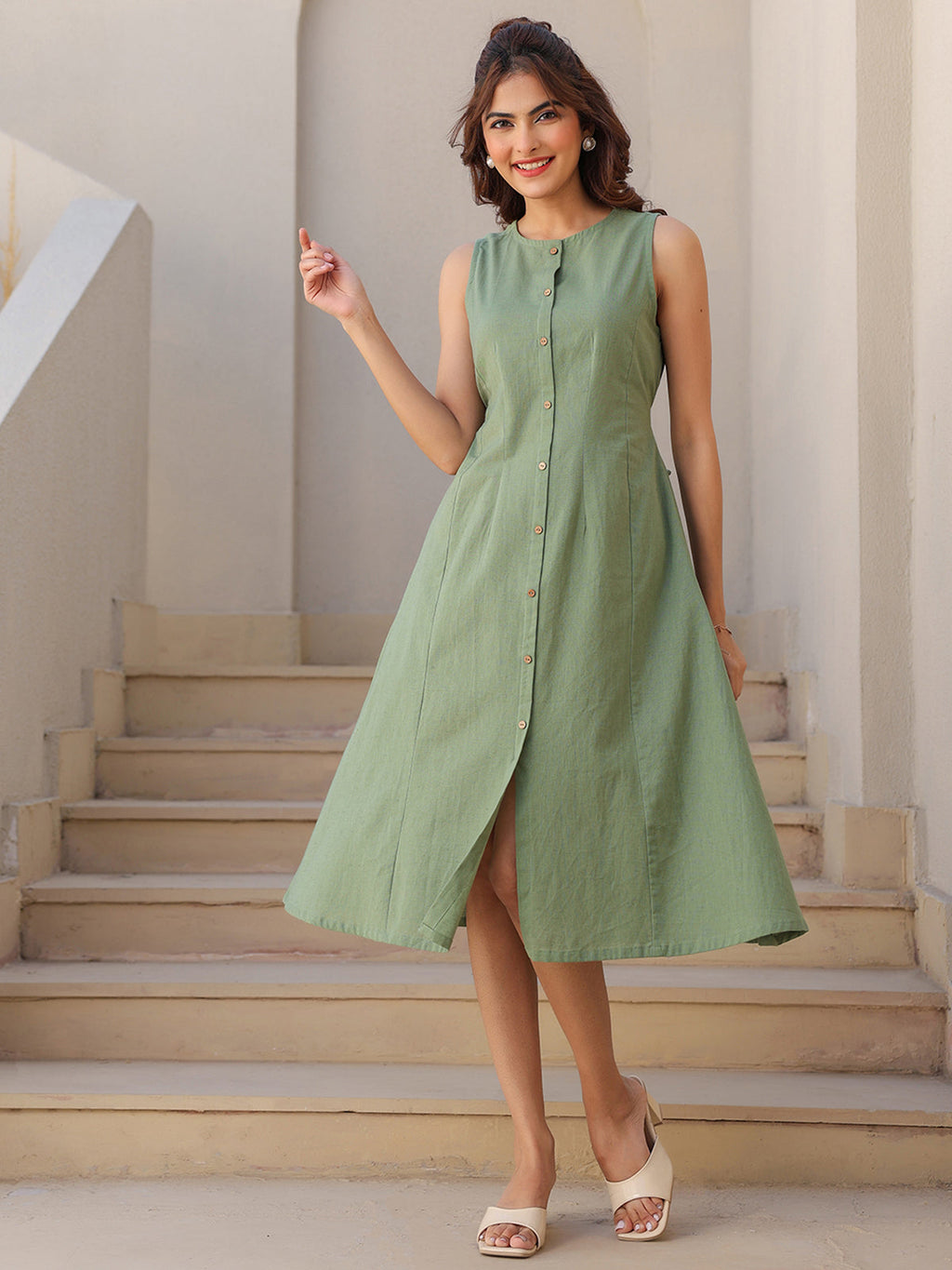Janasya Dark Cotton Solid A-Line Dress - Distacart