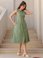 Janasya Dark Cotton Solid A-Line Dress - Distacart