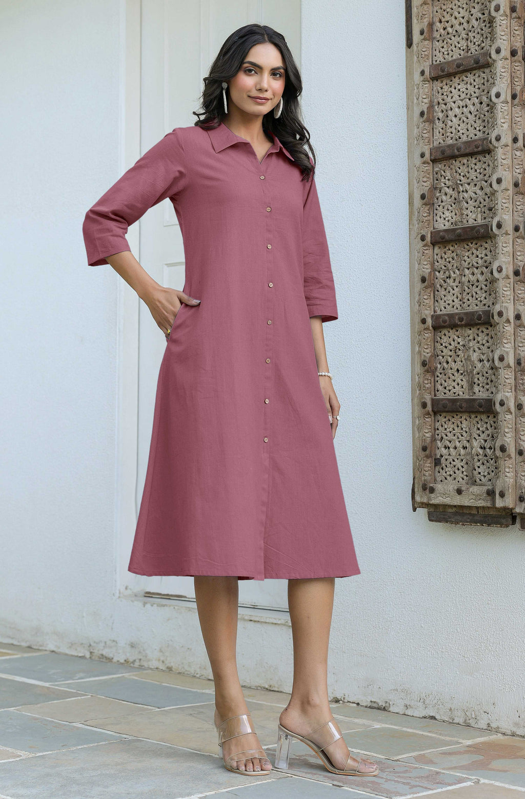 Janasya Dark Cotton Solid A-Line Dress - Distacart