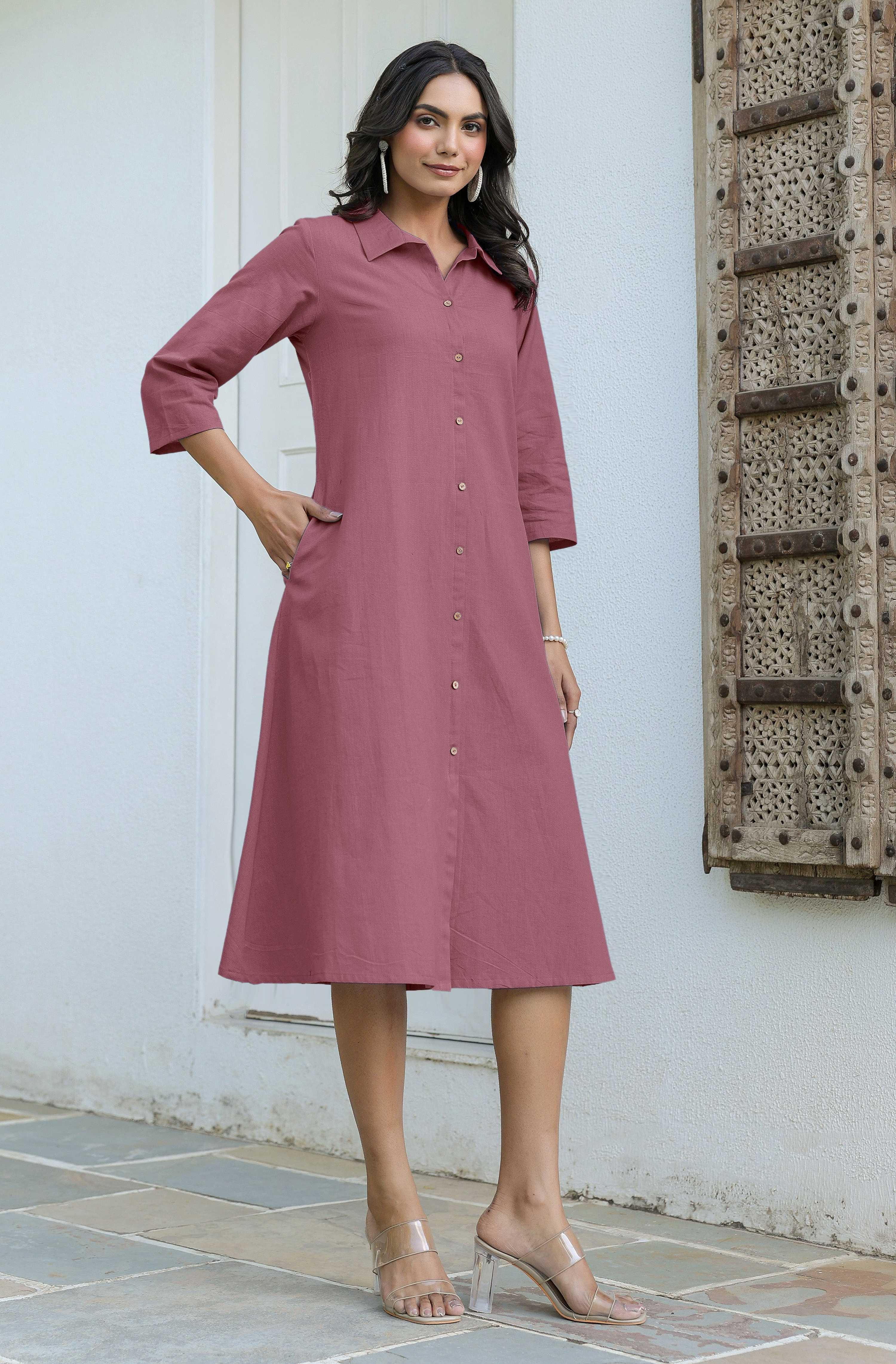 Janasya Dark Cotton Solid A-Line Dress - Distacart