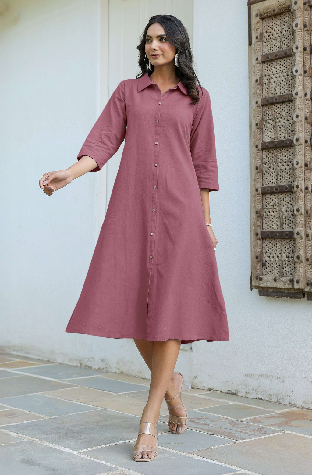 Janasya Dark Cotton Solid A-Line Dress - Distacart