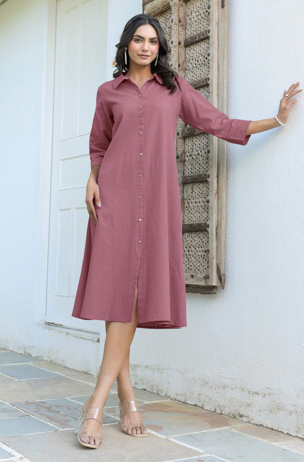 Janasya Dark Cotton Solid A-Line Dress - Distacart