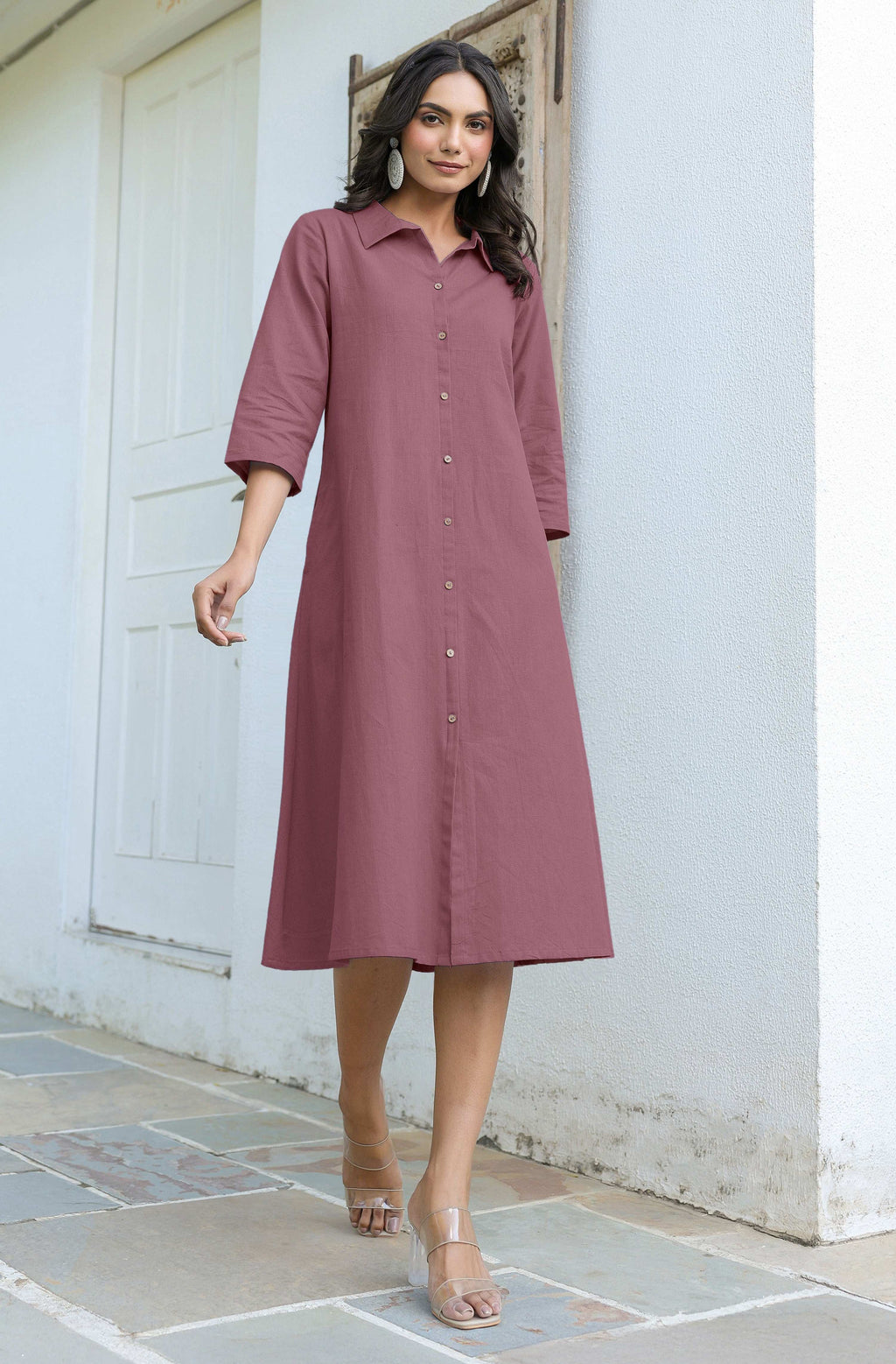 Janasya Dark Cotton Solid A-Line Dress - Distacart