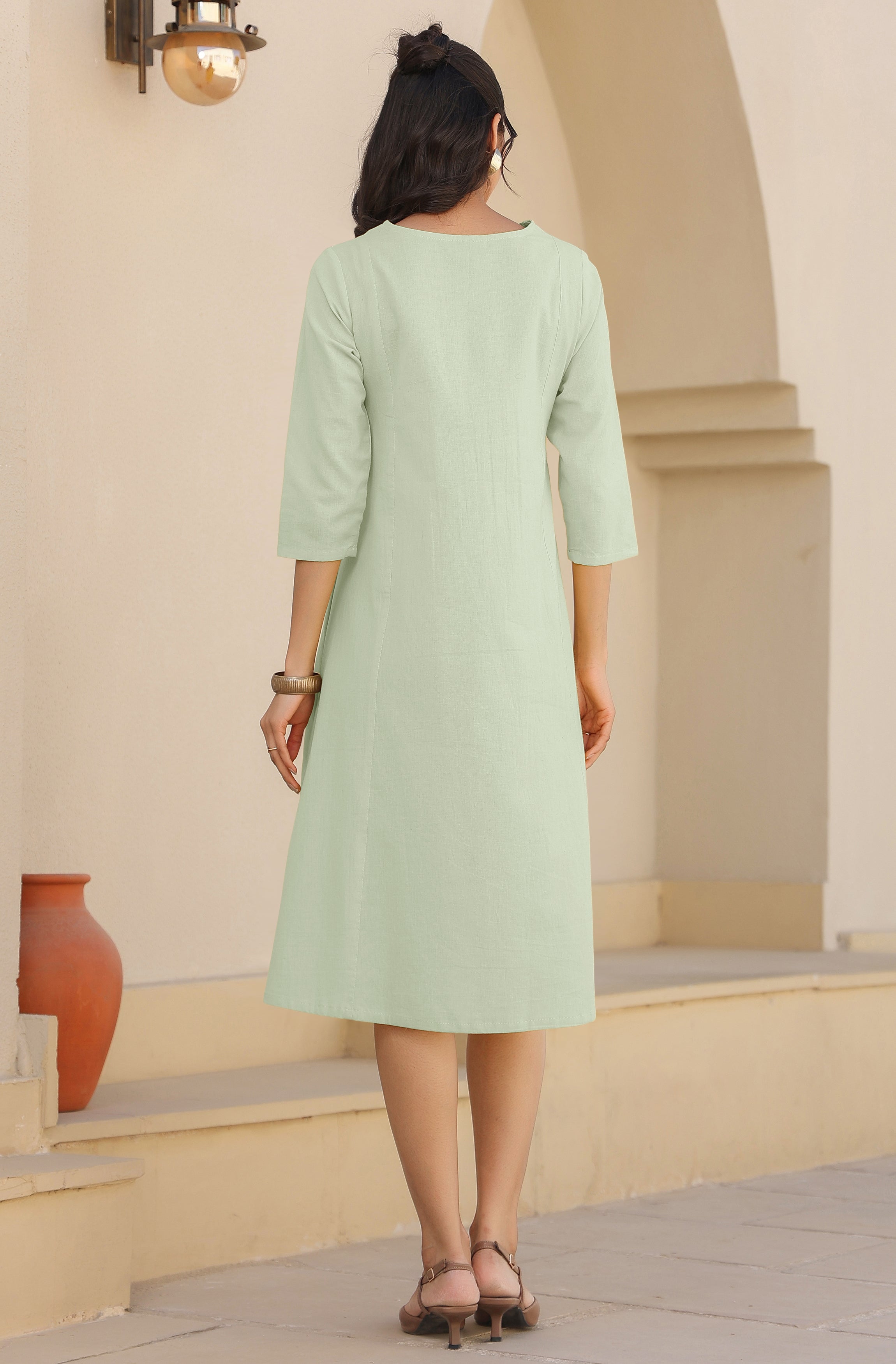 Janasya Light Cotton Solid A-Line Dress - Distacart