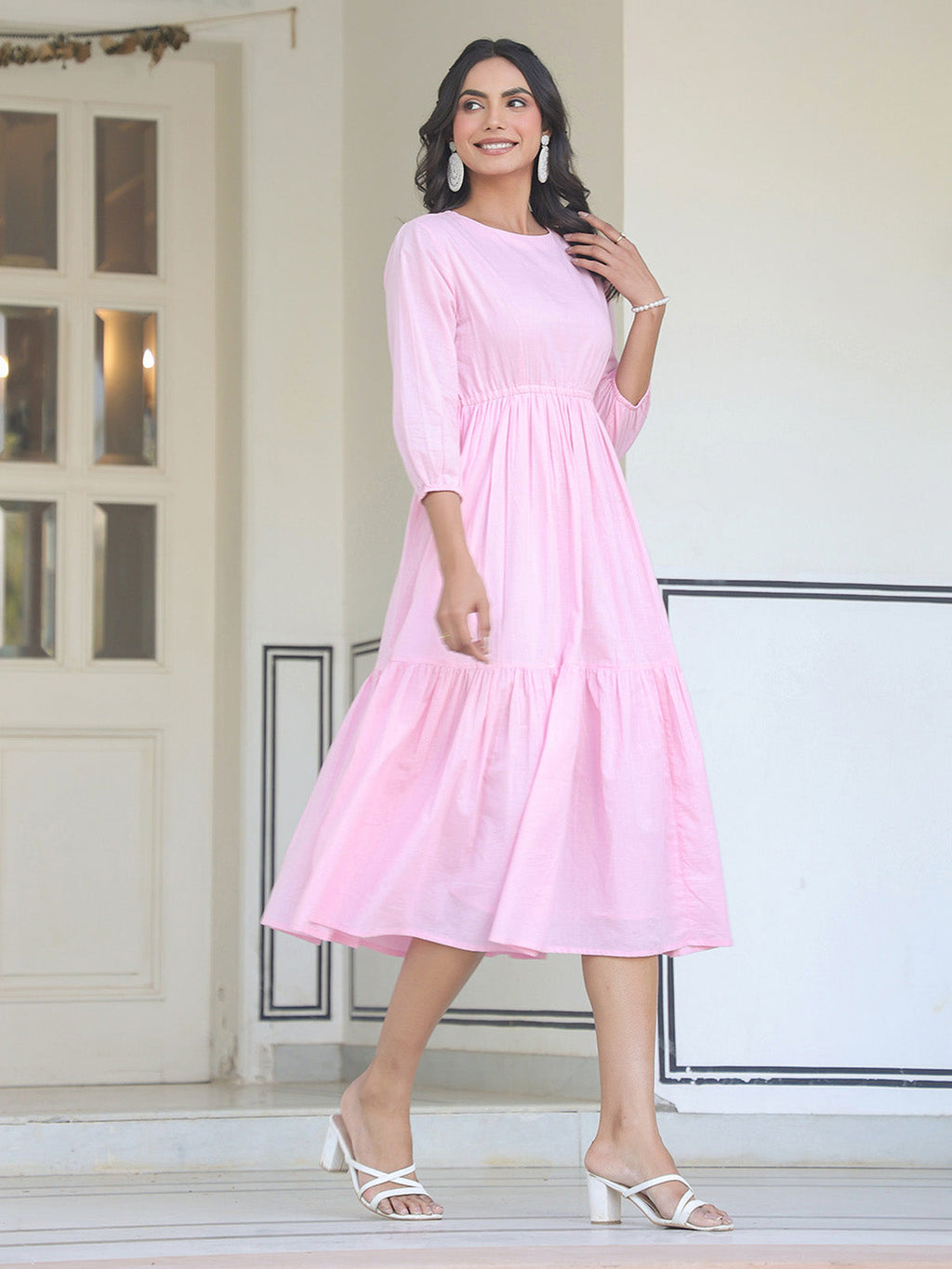 Janasya Light Cotton Solid Tiered Dress - Distacart