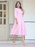 Janasya Light Cotton Solid Tiered Dress - Distacart