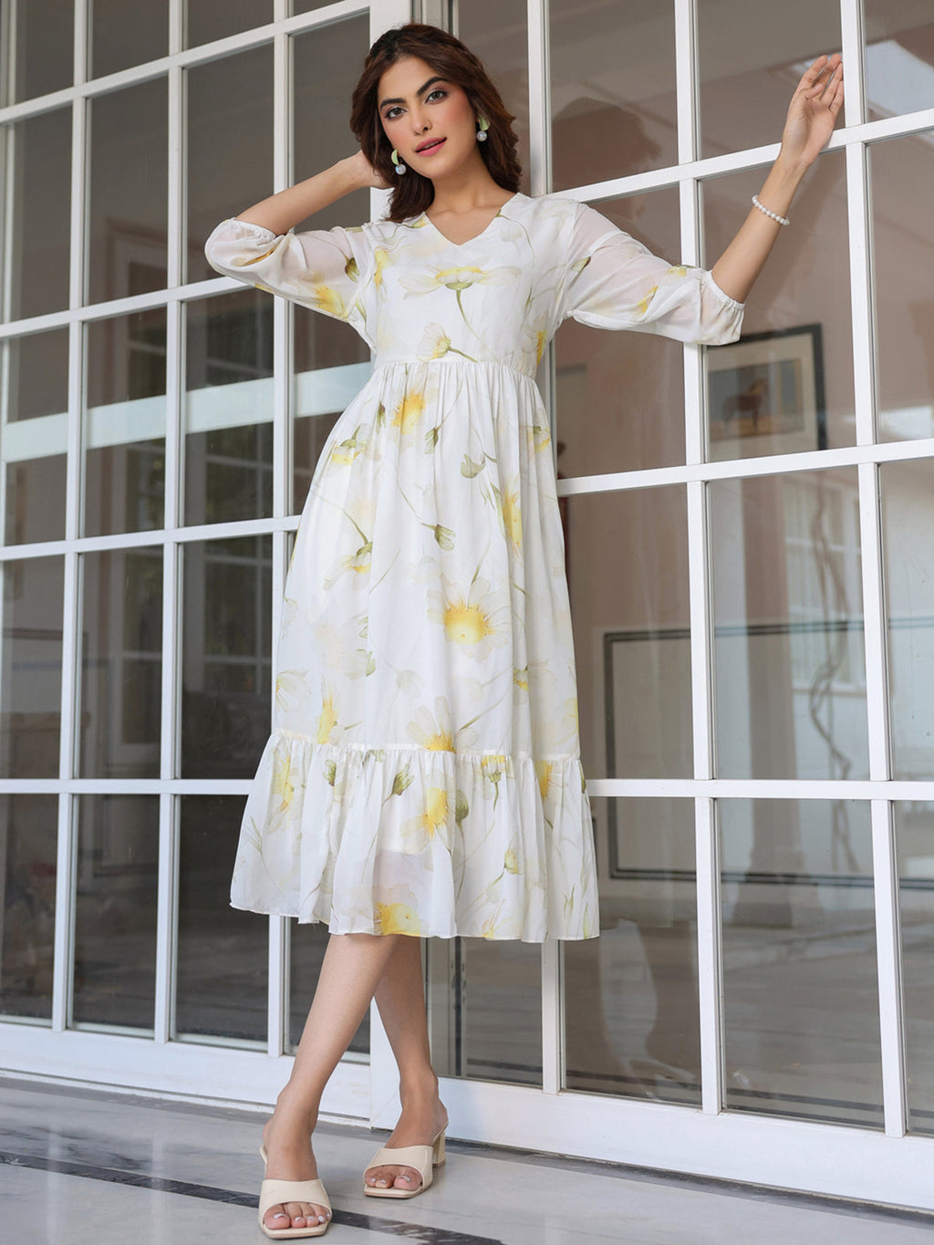 Janasya Light Georgette Floral Tiered Dress - Distacart