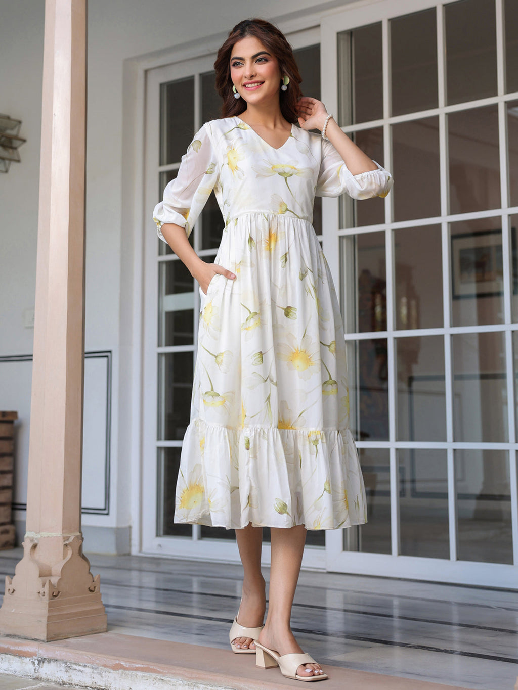 Janasya Light Georgette Floral Tiered Dress - Distacart